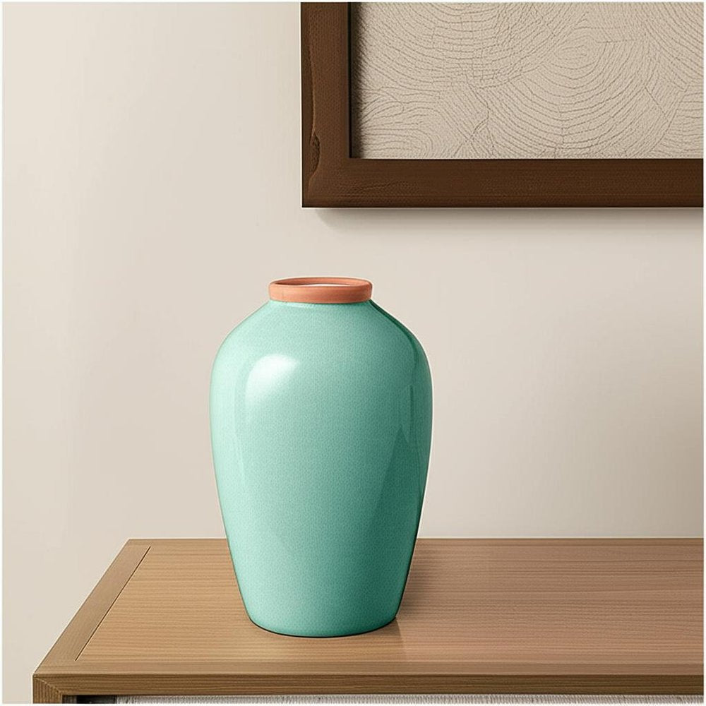 13" Aqua And Terra Cotta Ceramic Round Table Vase HomeRoots