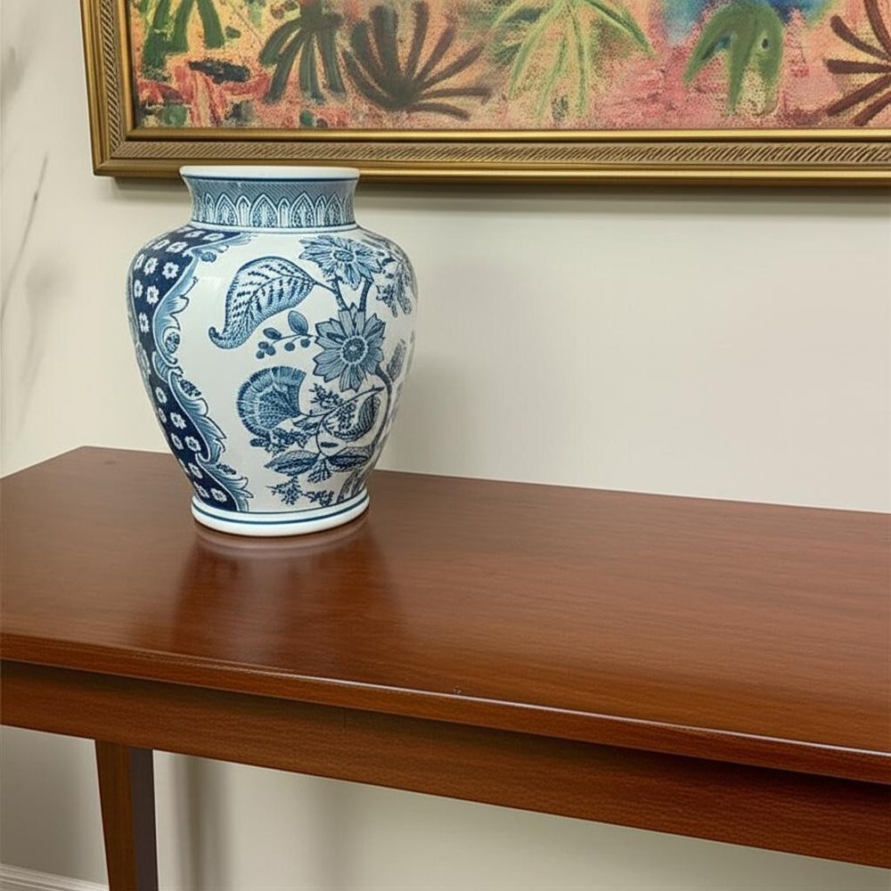 11" Light Blue And White Floral Round Porcelain Jar HomeRoots