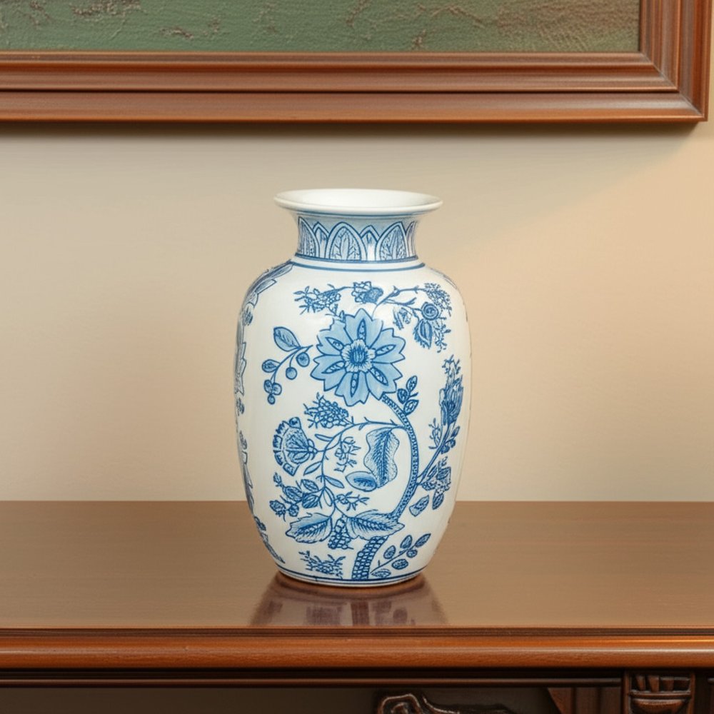 9" Light Blue And White Floral Round Porcelain Jar HomeRoots