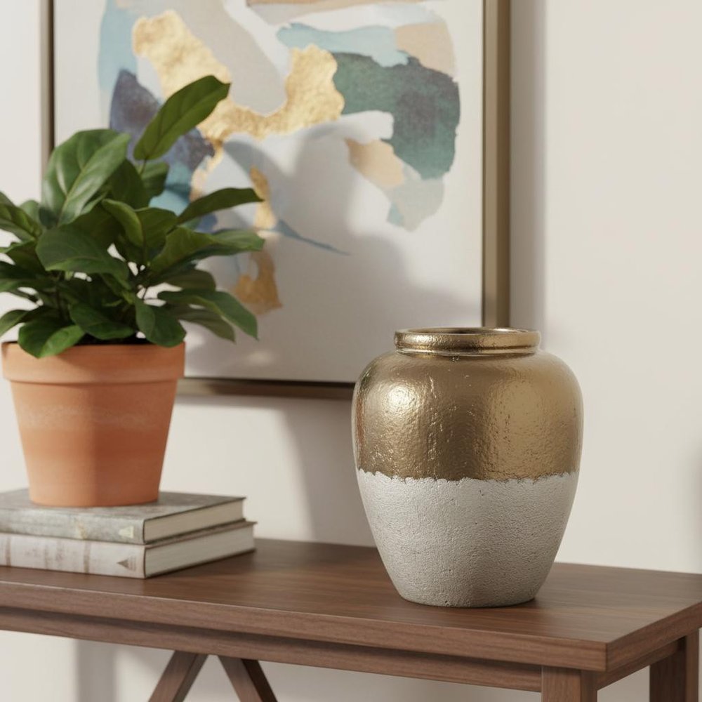 16" Antiqued Bronze And Light Gray Color Block Ceramic Round Jug Vase HomeRoots