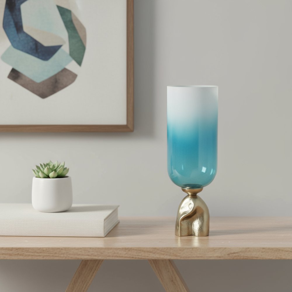 18" Blue White And Gold Ombre Glass And Aluminum Pedestal Table Vase HomeRoots