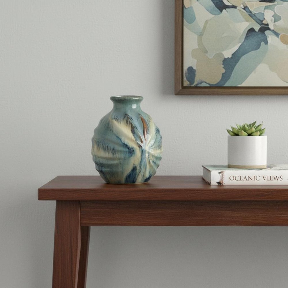 11" Blue Beige And Brown Abstract Round Ceramic Table Vase HomeRoots