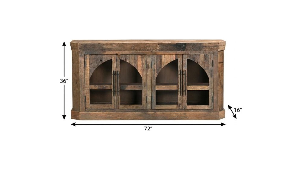 72" Brown Distressed Reclaimed Wood Sideboard With Four Glass Doors HomeRoots