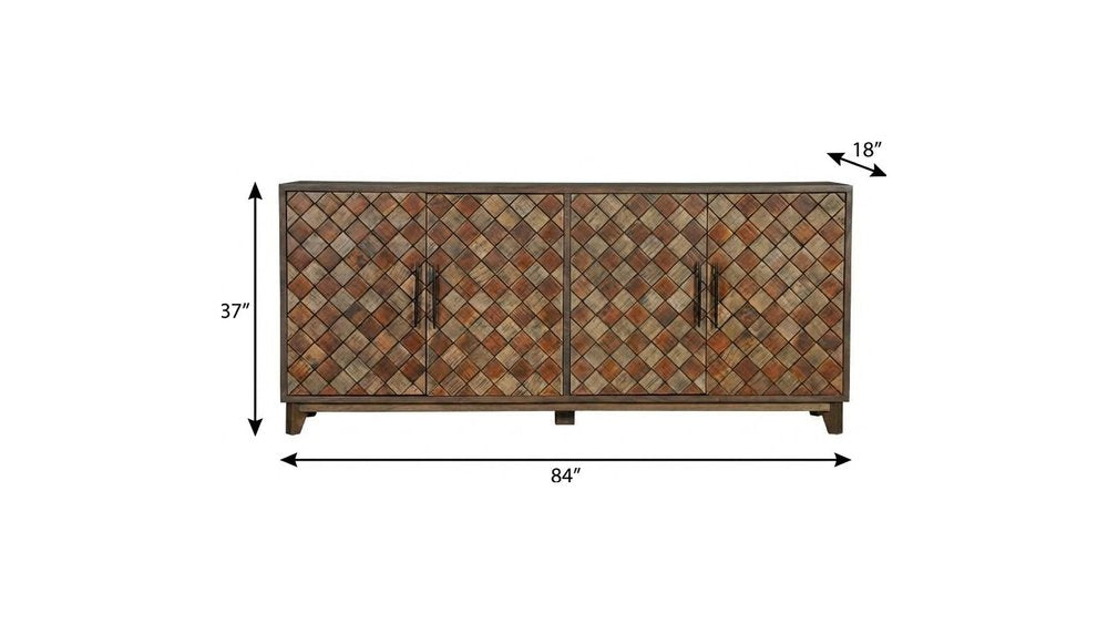 84" Brown Distressed Solid Wood Carved Geometric Sideboard With Four Doors HomeRoots