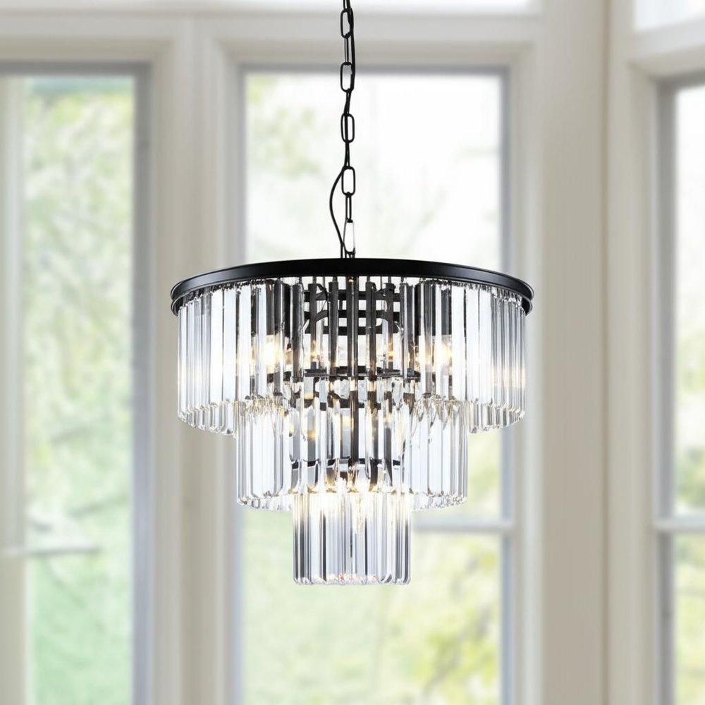 Black Seven Light Metal Chandelier With Black Shades HomeRoots
