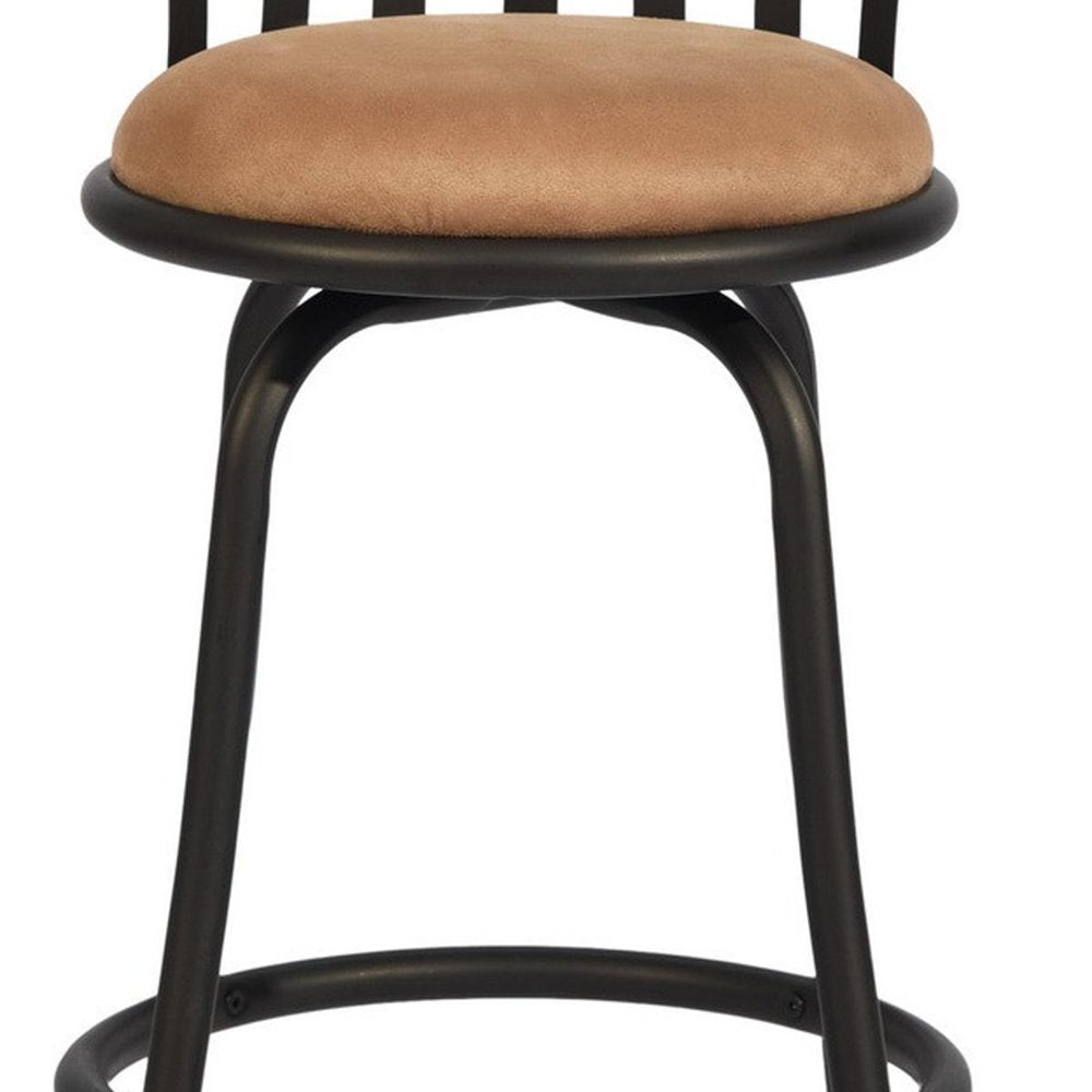 Set of Two 24" Khaki And Black Suede Microfiber And Microsuede And Metal Low Back Counter Height Swivel Bar Chairs HomeRoots