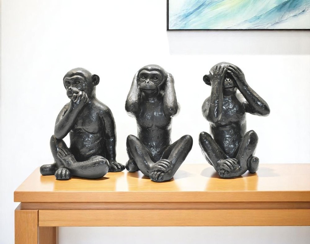 Set of Three Black Resin Monkey Tabletop Sculpture HomeRoots