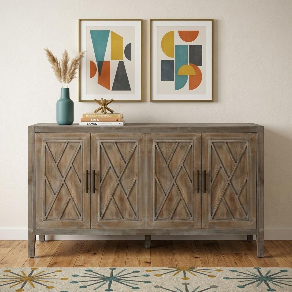 60" Natural and Brown Distressed Carved Geometric Sideboard with Four Doors HomeRoots