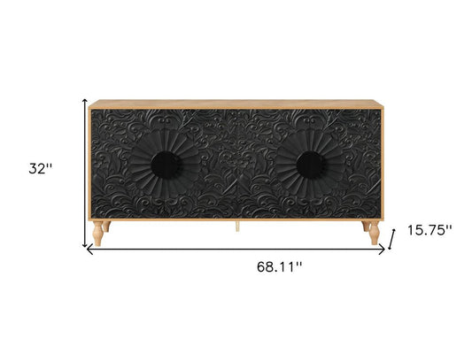 68" Natural and Black Distressed Carved Floral Sideboard with Four Doors HomeRoots