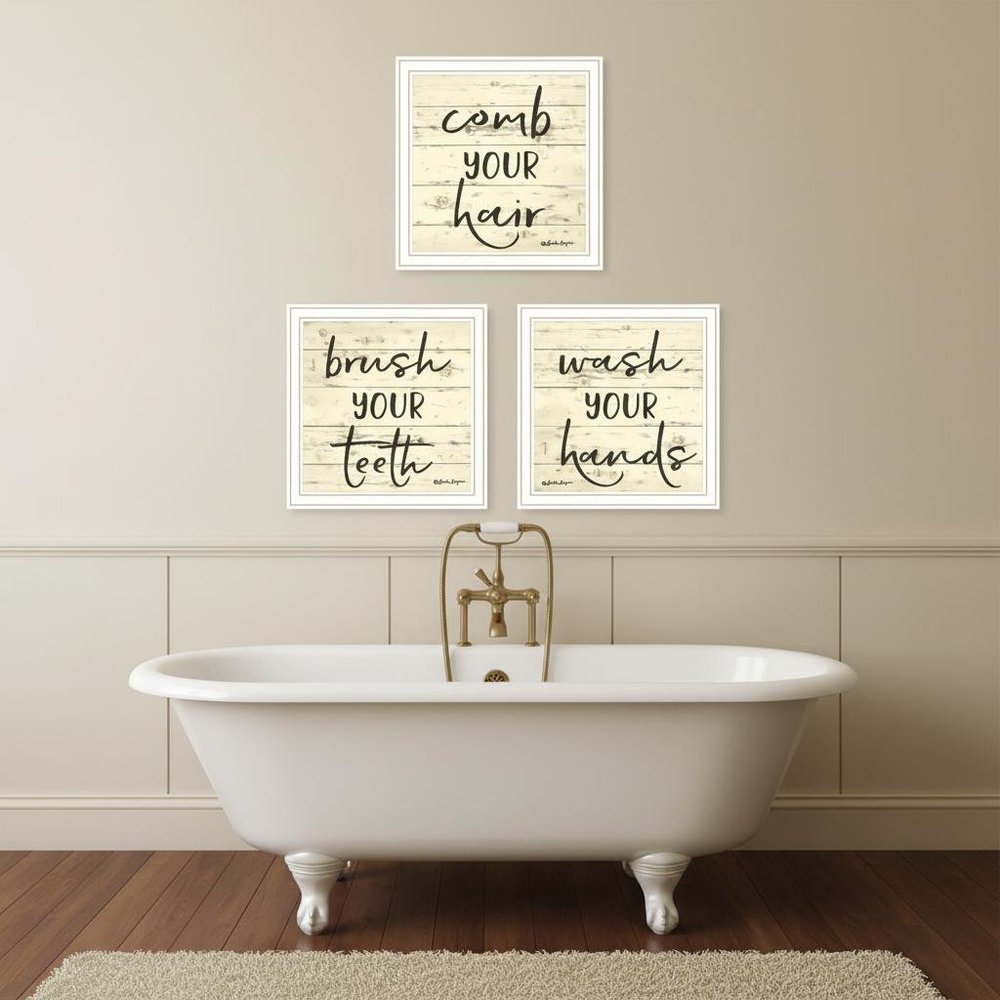 Set Of Three "Bathroom Commands White Framed Bathroom Wall Art HomeRoots