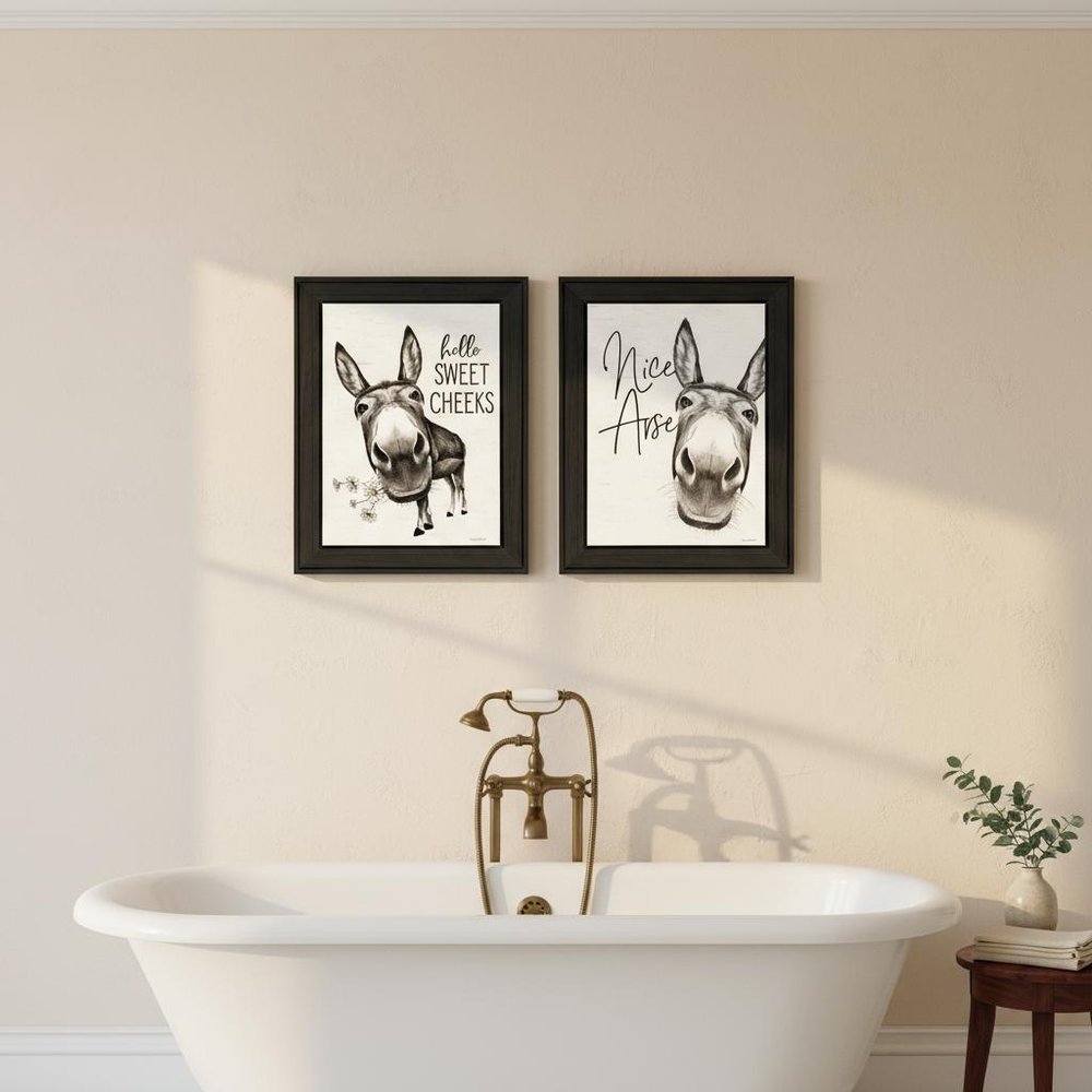 Set Of Two Hello Sweet Cheeks! Black Framed Bathroom Wall Art