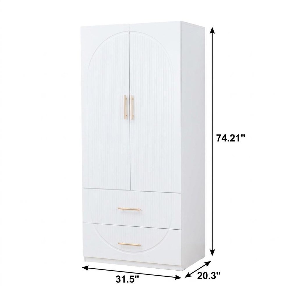 74" White Carved Geometric Wood And Melamine Two Door Two Drawer Combo Dresser