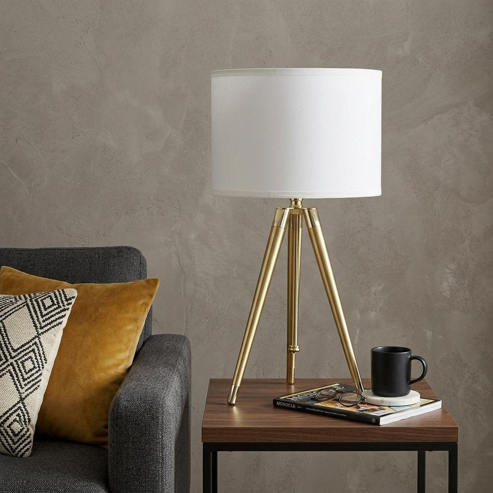 Gold Metal Adjustable Height Tripod Table Lamp With White Drum Shade HomeRoots