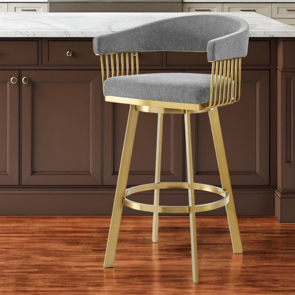 26" Gray And Gold Fabric And Steel Low Back Counter Height Swivel Bar Chair HomeRoots
