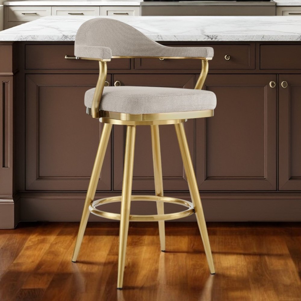 26" Taupe And Gold Fabric And Steel Low Back Counter Height Swivel Bar Chair HomeRoots
