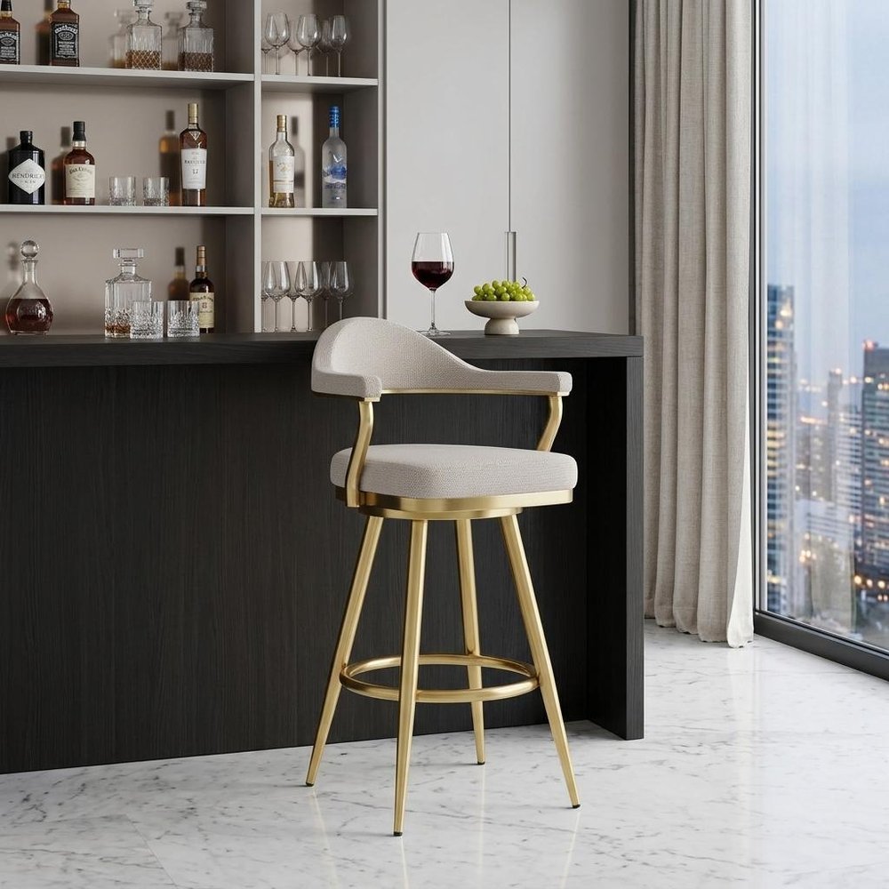 30" Taupe And Gold Fabric And Steel Low Back Bar Height Swivel Bar Chair HomeRoots