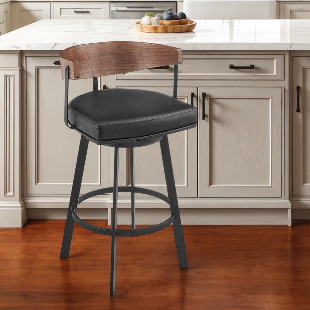 26" Black And Brown Faux Leather And Iron Low Back Counter Height Swivel Bar Chair HomeRoots