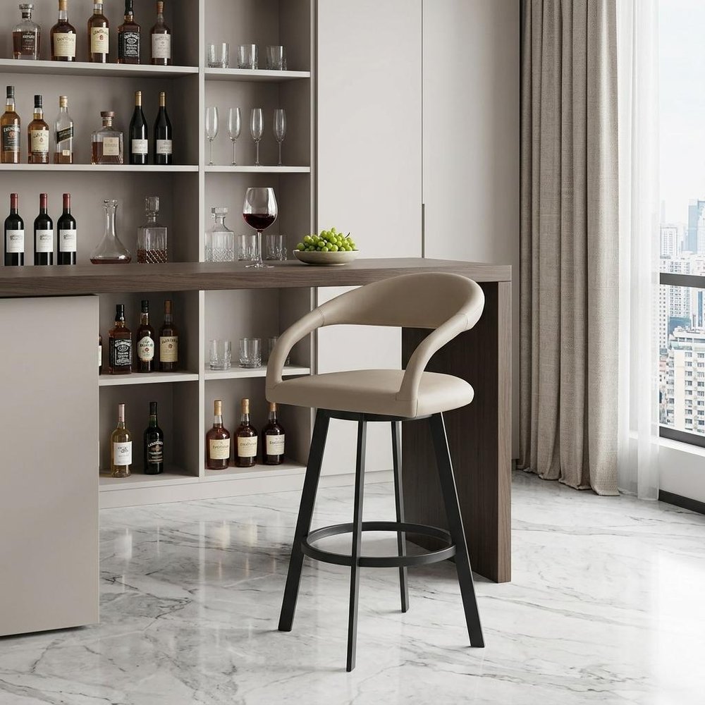30" Beige And Black Faux Leather And Iron Low Back Bar Height Swivel Bar Chair HomeRoots