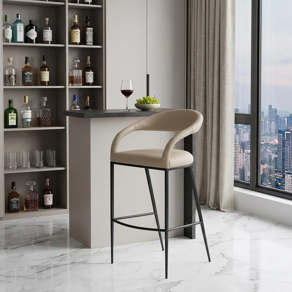30" Beige And Black Faux Leather And Iron Low Back Bar Height Bar Chair HomeRoots