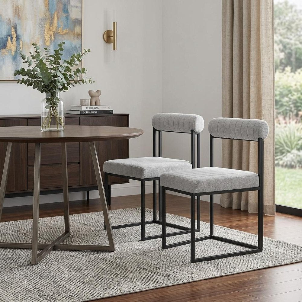 Set of Two Gray And Black Upholstered Polyester Open Back Dining Side Chairs HomeRoots