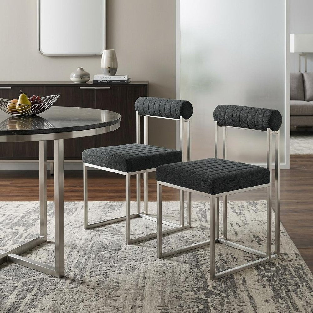 Set of Two Gray And Silver Upholstered Polyester Open Back Dining Side Chairs HomeRoots
