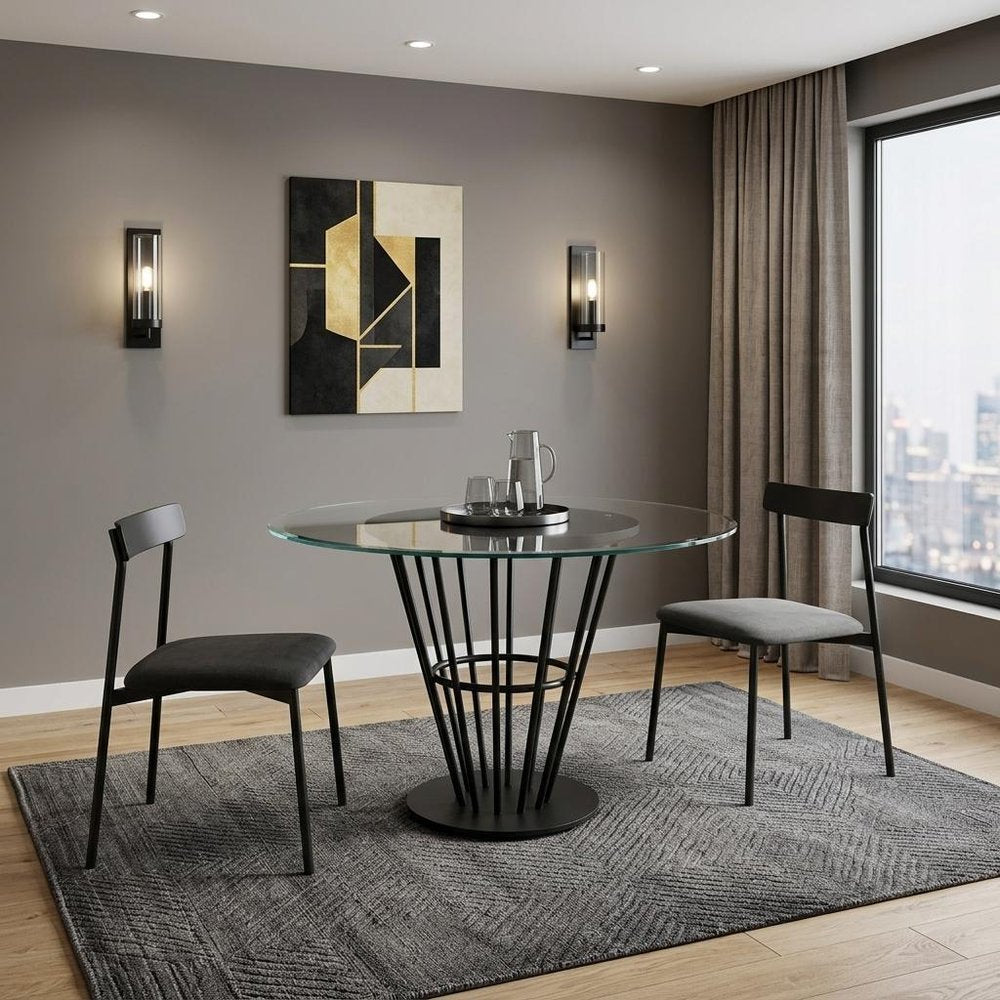 48" Clear And Black Glass And Iron Pedestal Base Round Top Dining Table HomeRoots