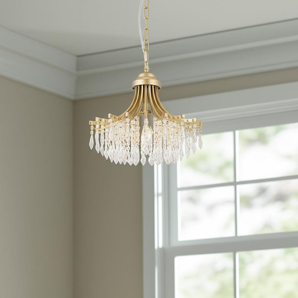 Clear And Gold Metal and Crystals Crystal Glass Chandelier With Clear Shades HomeRoots