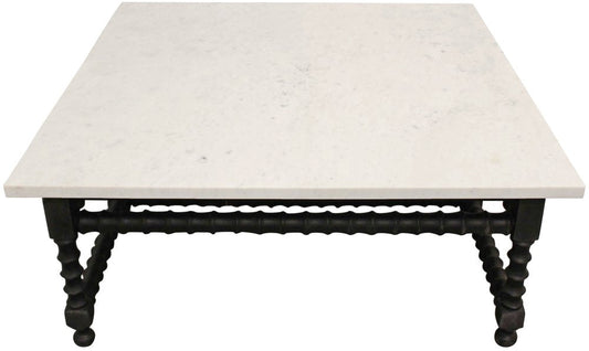 48" White And Black Genuine Marble And Solid Wood Square Coffee Table