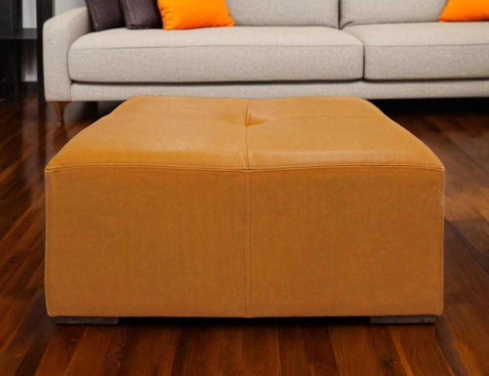 36" Orange Genuine Leather And Solid Wood Square Cocktail Table HomeRoots