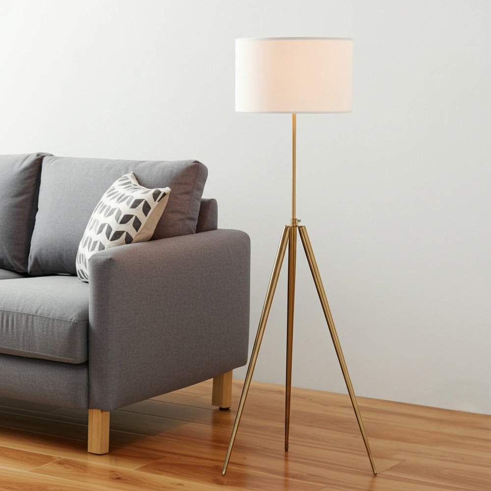 Gold Metal Adjustable Tripod Floor Lamp With White Linen Drum Shade HomeRoots