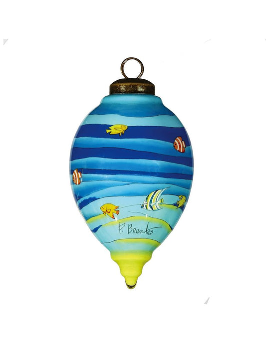 Christmas Santa Under The Sea Hand Painted And Mouth Blown Blue Red And Yellow Glass Finial Ornament HomeRoots