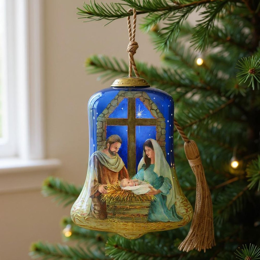 Chrild is Born Hand Painted Blue And Brown Glass Holiday Shaped Ornament HomeRoots