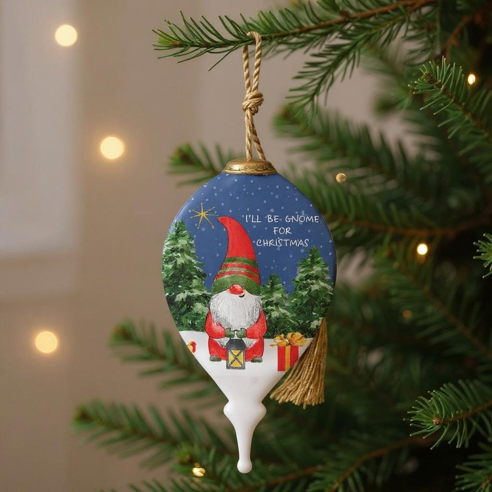 Iell Be Gnome For Christmas Hand Painted Blue White And Red Glass Finial Ornament HomeRoots