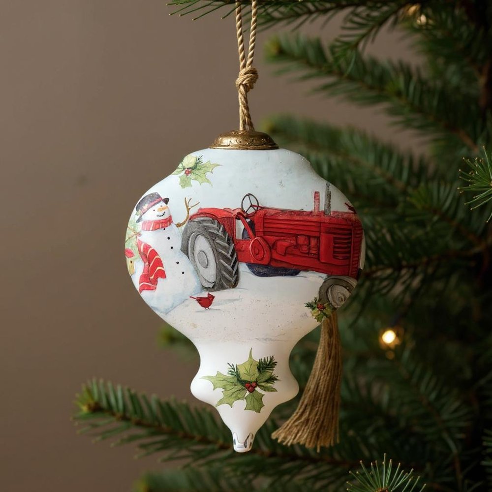 Christmas Red Tractor Hand Painted Red White And Green Glass Finial Ornament HomeRoots