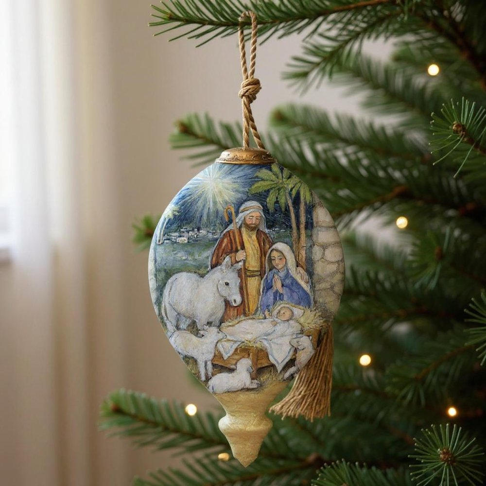 Holy Night Hand Painted Blue White And Green Glass Finial Ornament HomeRoots