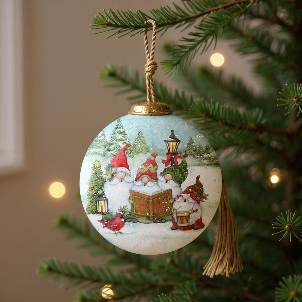 Caroling with my Gnomies Hand Painted Red Green And White Glass Ball Ornament HomeRoots