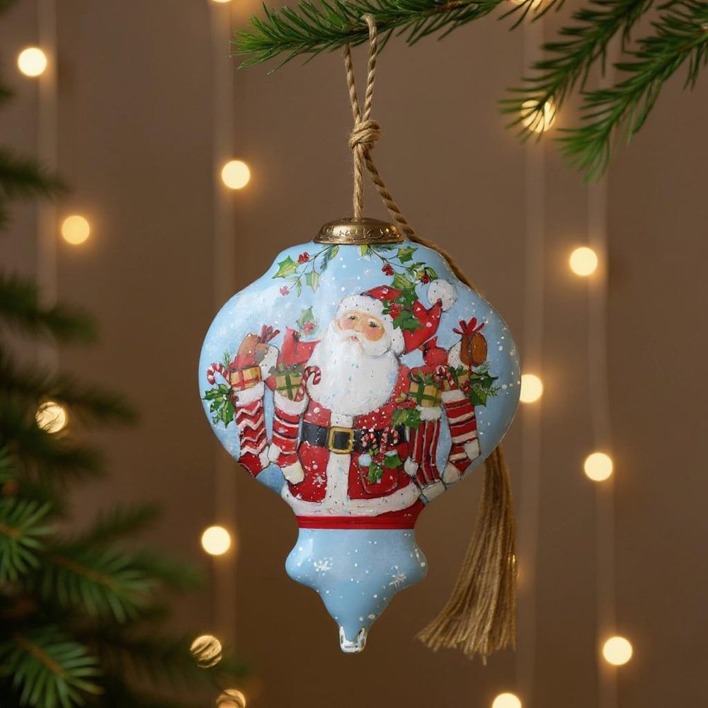Santa with Stockings Hand Painted Blue White And Red Glass Finial Ornament HomeRoots
