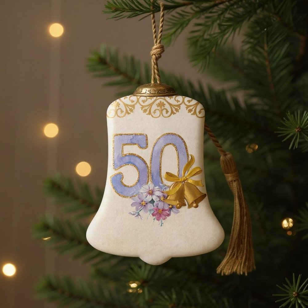 50 Years of Love Hand Painted Gold White And Purple Glass Holiday Shaped Ornament HomeRoots