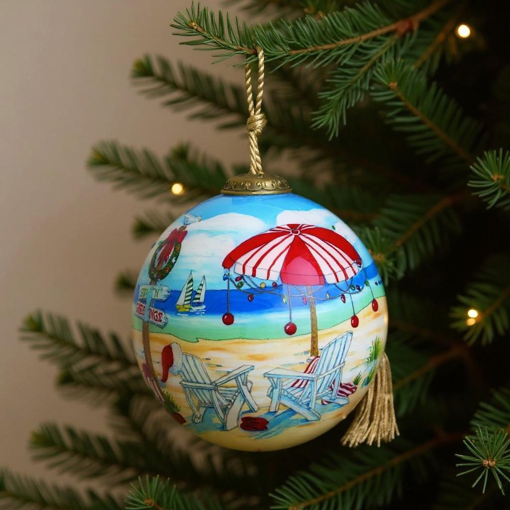 Holiday Beach Signs Christmas Hand Painted Red And Blue Glass Ball Ornament HomeRoots