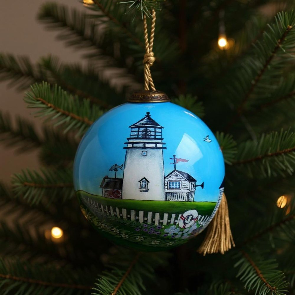 Coastal Lighthouse Hand Painted Blue Green And White Glass Ball Ornament HomeRoots