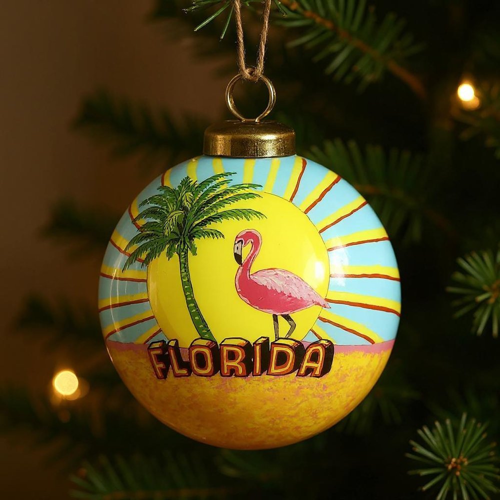 Florida Hand Painted Yellow Green And Blue Glass Ball Ornament HomeRoots