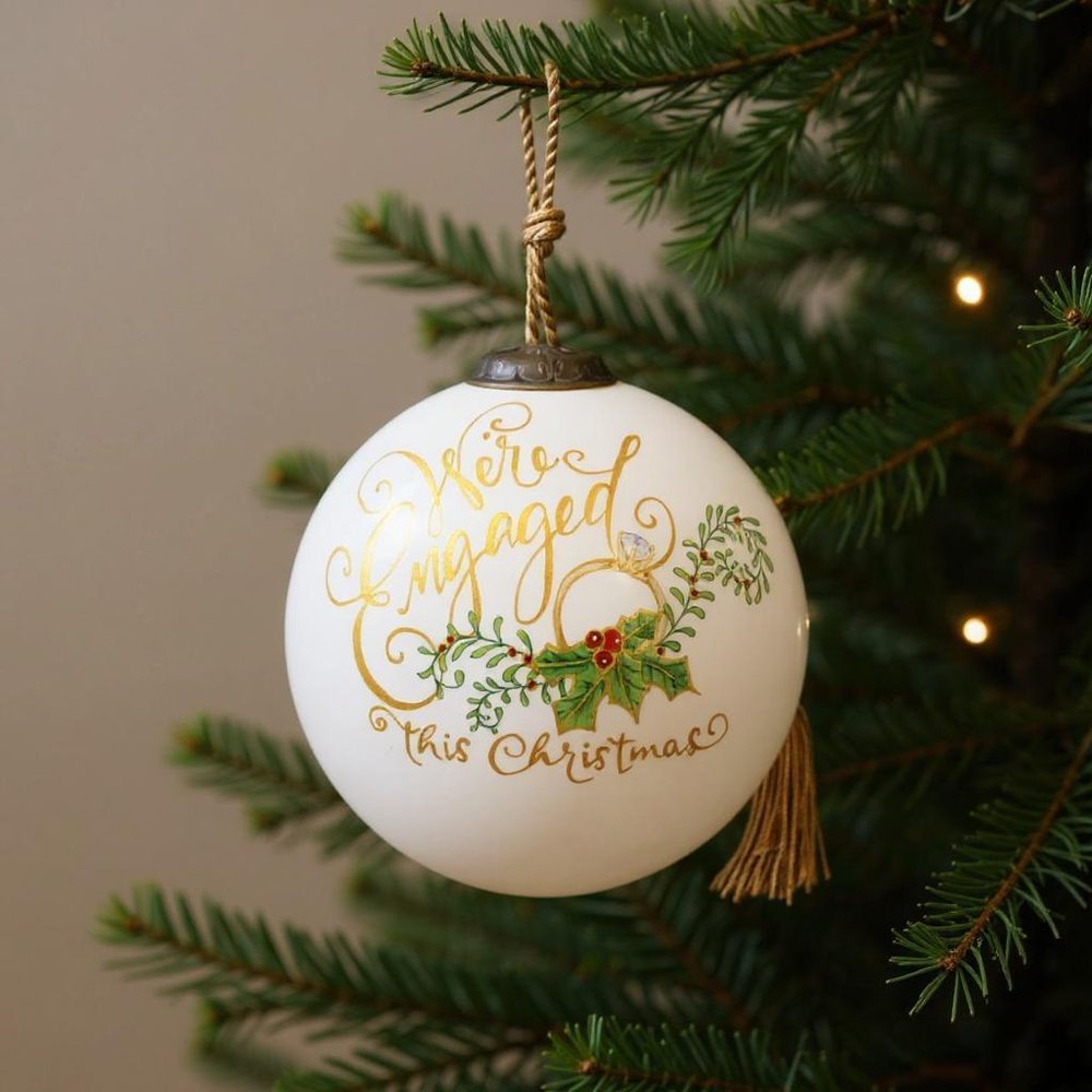 Engagement Hand Painted White And Gold Glass Ball Ornament HomeRoots