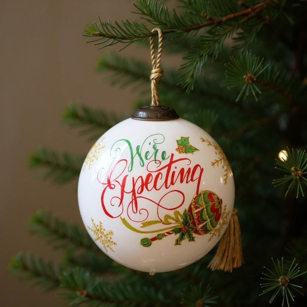 We are Expecting Hand Painted White Red And Gold Glass Ball Ornament HomeRoots