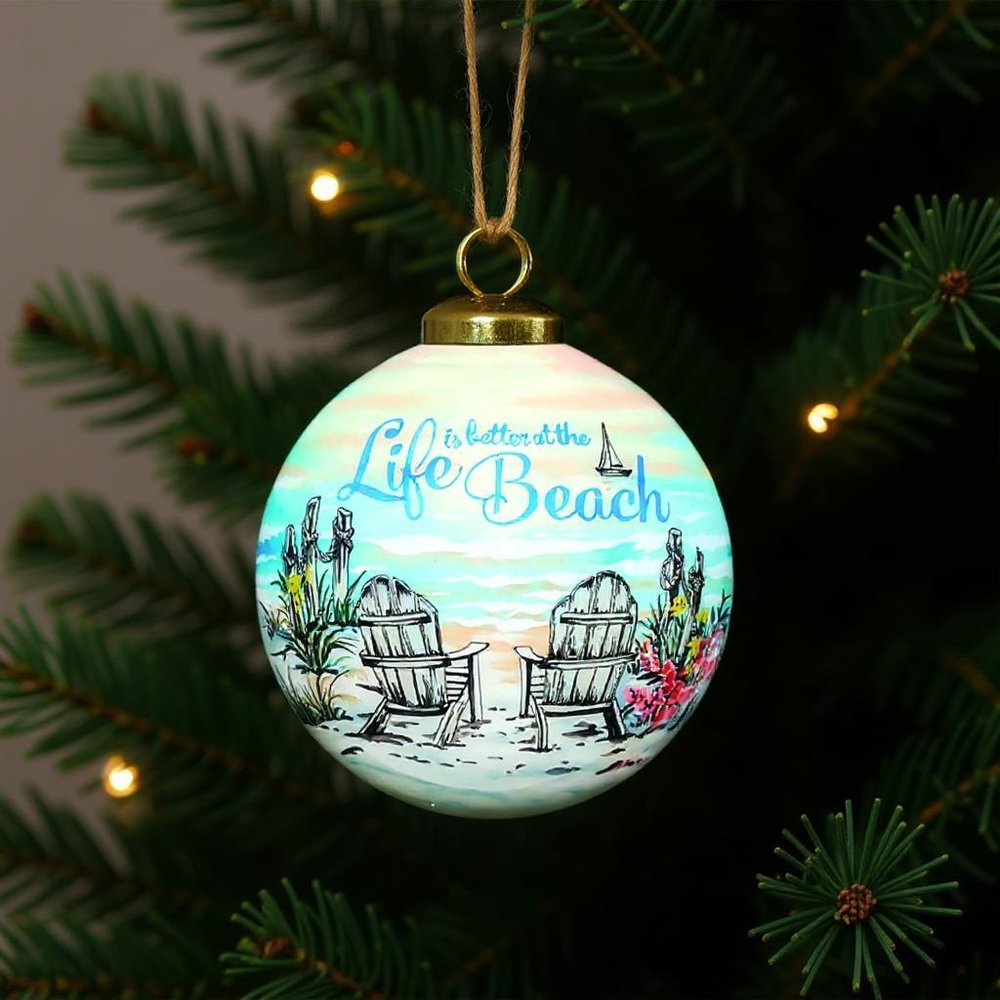Life is better at the beach Hand Painted Blue Green And Black Glass Ball Ornament HomeRoots