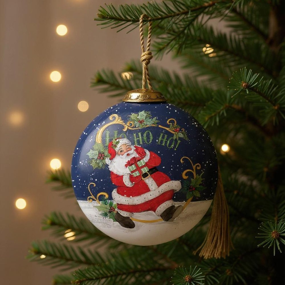 Ho Ho Ho Santa Hand Painted Blue White And Red Glass Ball Ornament HomeRoots