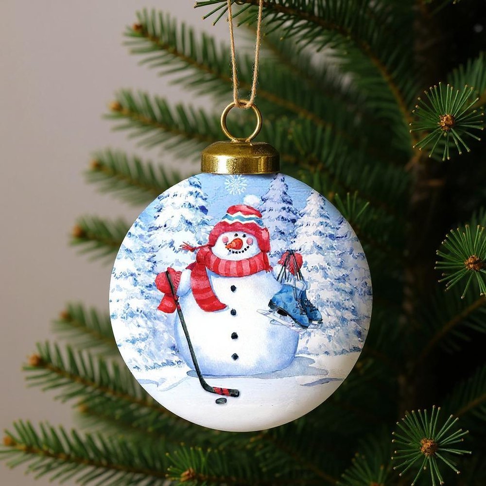 Hockey Snowman Hand Painted White Blue And Red Glass Ball Ornament HomeRoots