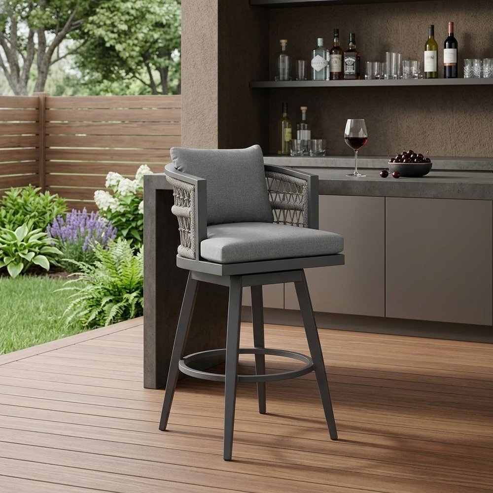37" Gray Metal Swivel Outdoor Counter Height Bar chair with Footrest HomeRoots
