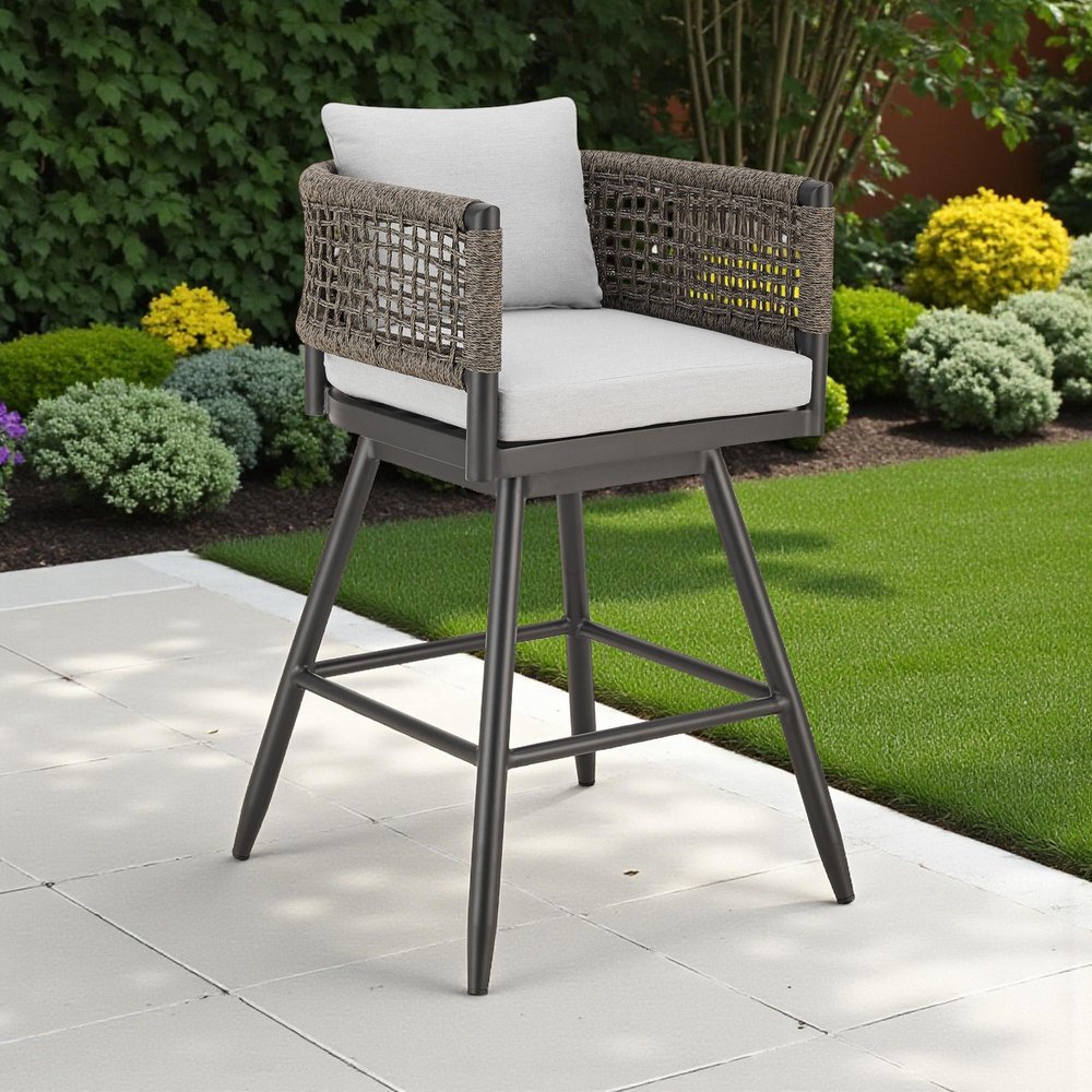 35" Light Gray Metal Swivel Low back Outdoor Counter Height Bar chair with Footrest HomeRoots