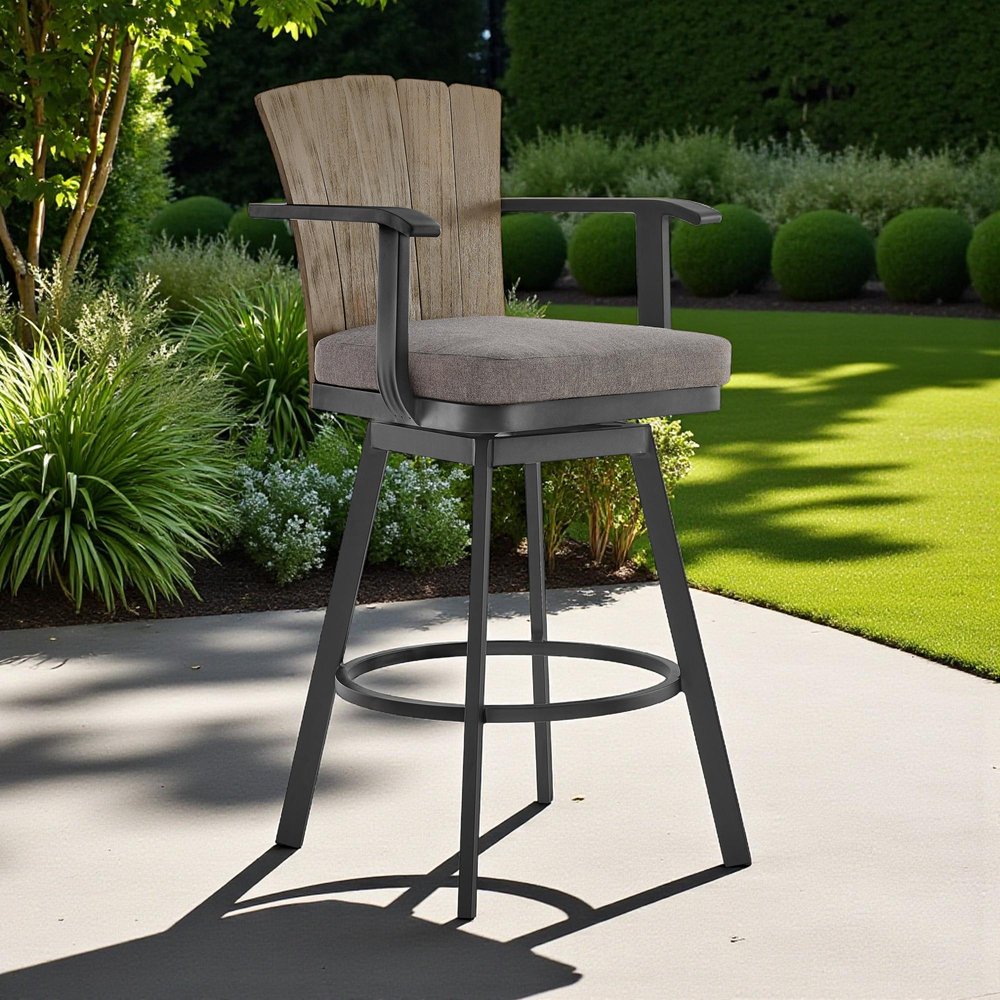 40" Charcoal Metal Swivel Outdoor Counter Height Bar chair with Footrest HomeRoots