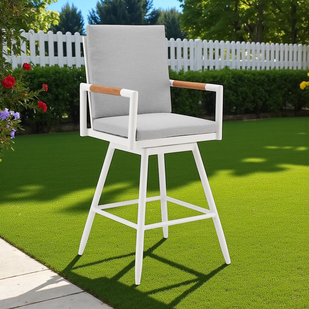 43" Light Gray Metal Swivel Outdoor Counter Height Bar chair with Footrest HomeRoots